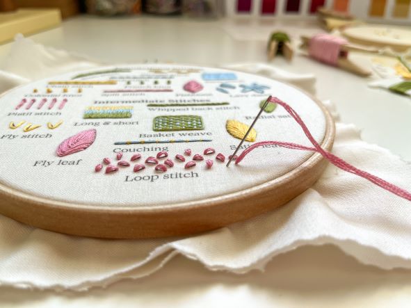 finished stitch sampler fabric on a wooden embroidery hoop