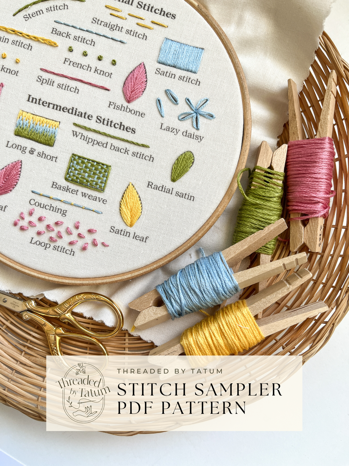 PDF Stitch Sampler Pattern, 10 Basic Hand Embroidery Stitches for